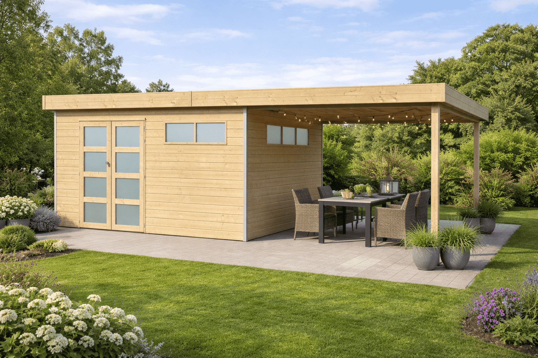 Gartenhaus Sven 5 - 33,18 m² mit Anbau inkl. Trapezblechdach Anthrazit