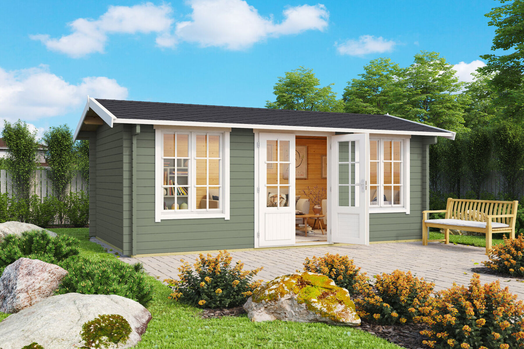 Gartenhaus Pembrokeshire 53 Gletschergrün mit Trapezblech Dach Anthrazit