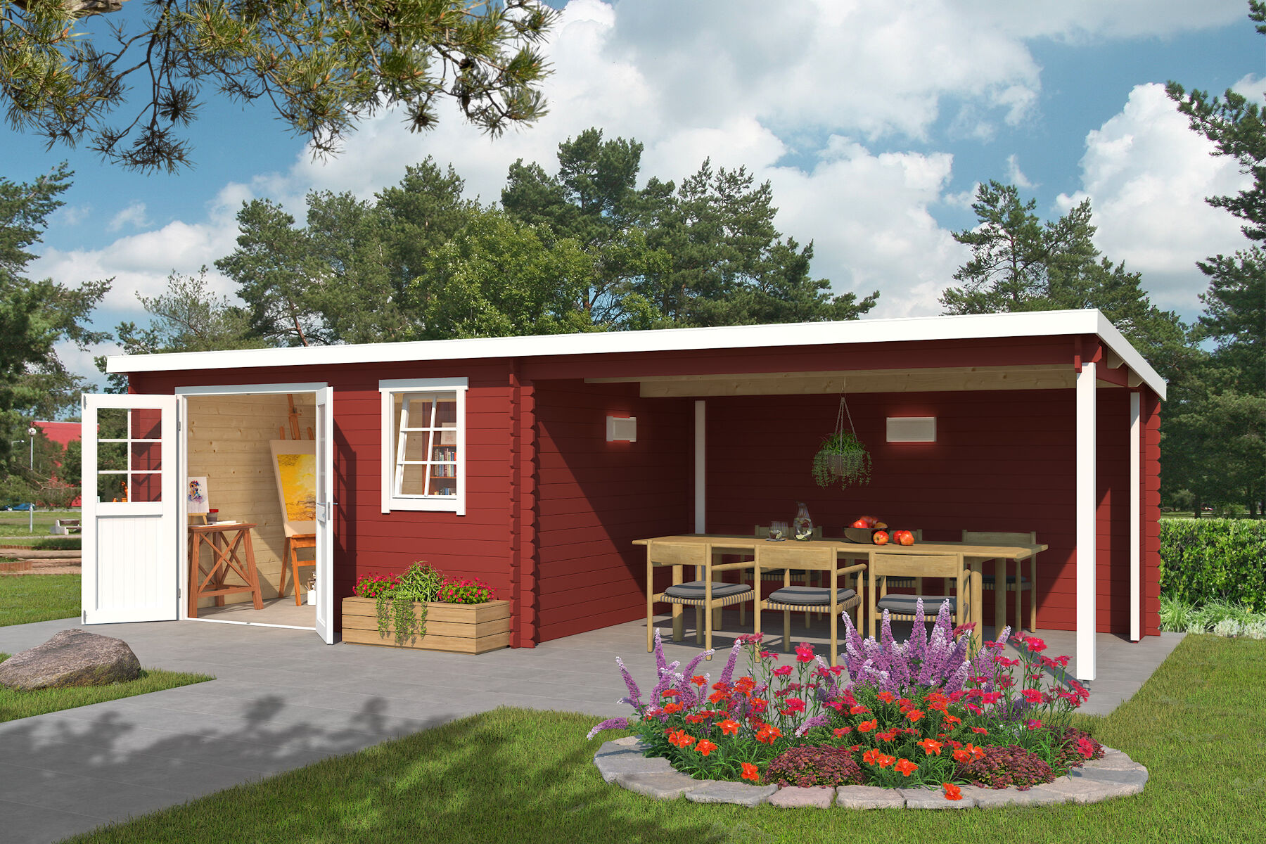 Gartenhaus Reno Schwedenrot mit Trapezblech Dunkelrot