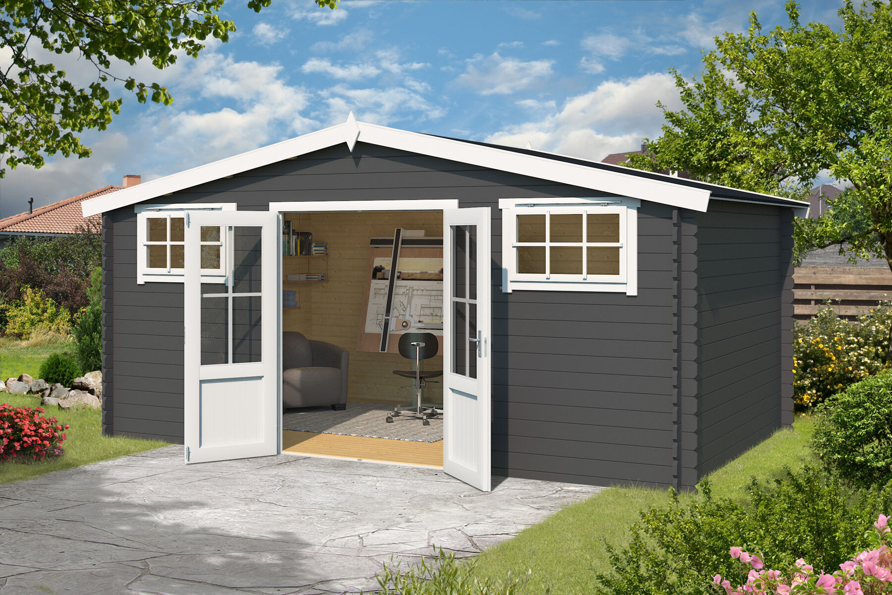 Gartenhaus Boston Carbongrau mit Trapezblech Anthrazit
