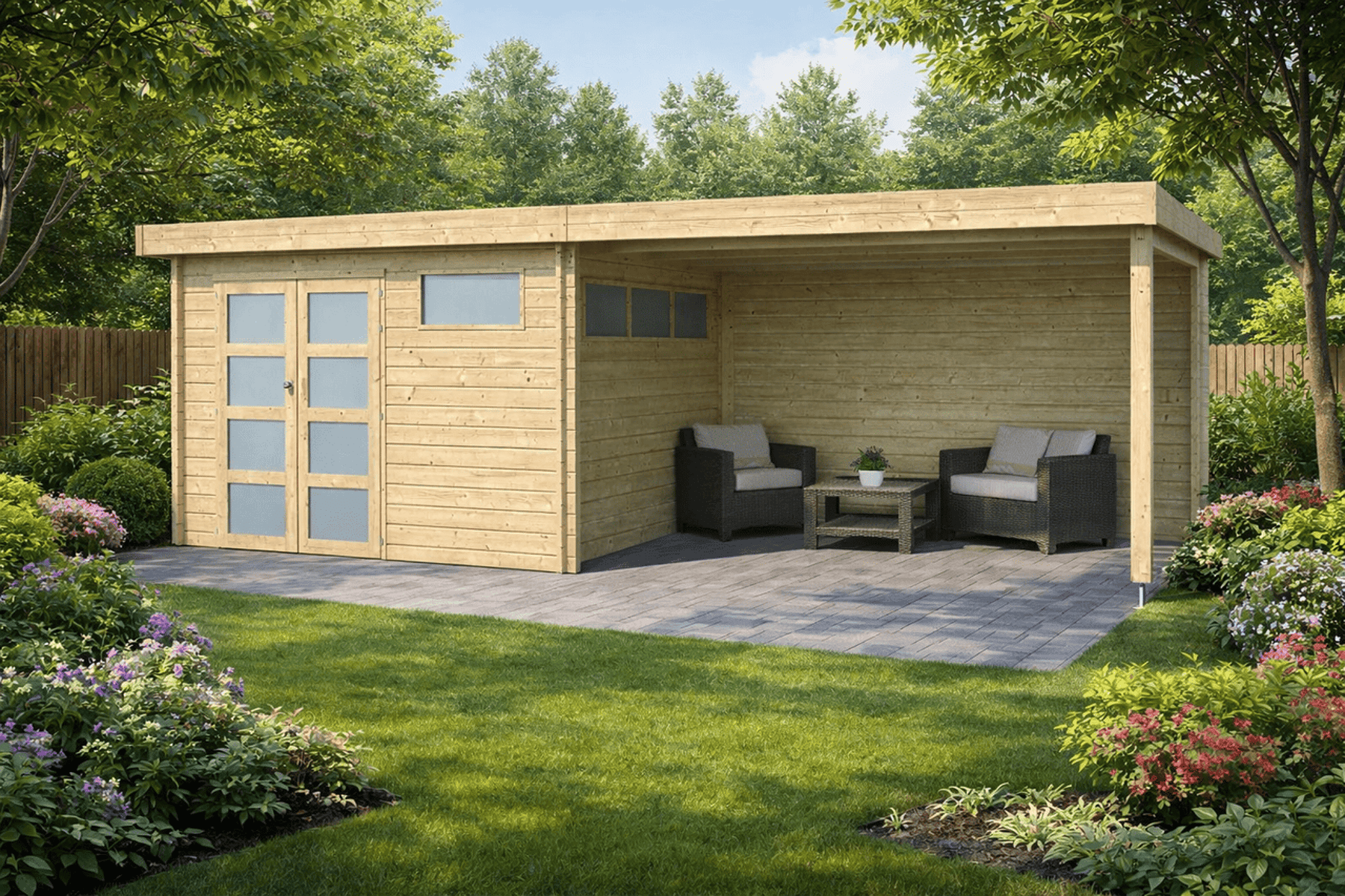 Gartenhaus Carlo 1 - 19,8 m² mit Anbau 400 inkl. Trapezblechdach Anthrazit
