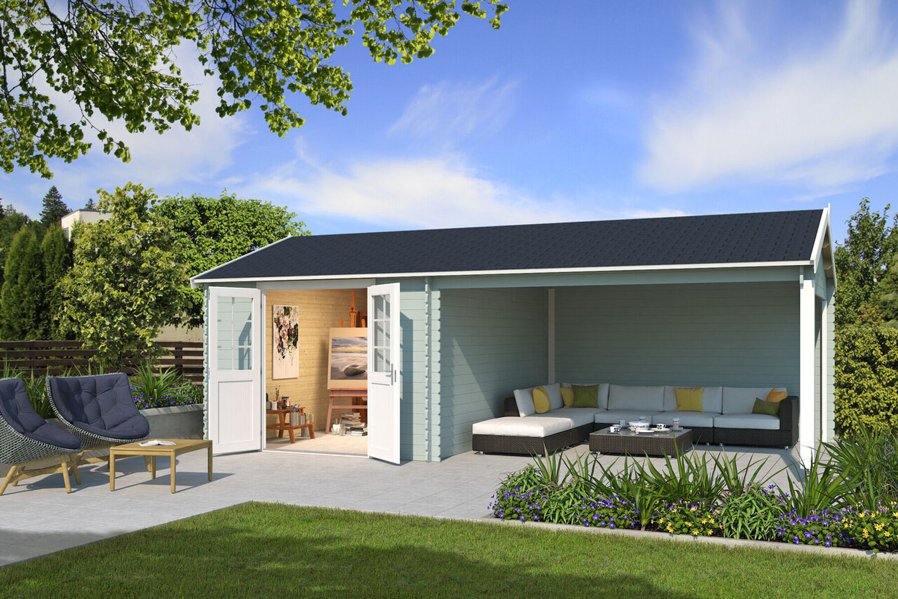 Gartenhaus El Paso Gletschergrün mit Trapezblech Silber