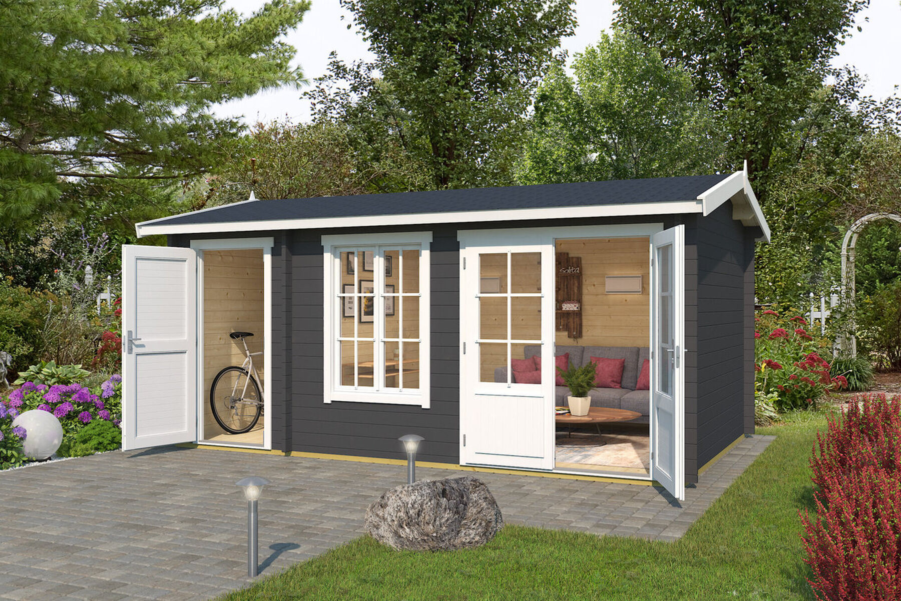 Gartenhaus Wrexham 2 Carbongrau mit Trapezblech Dach Anthrazit