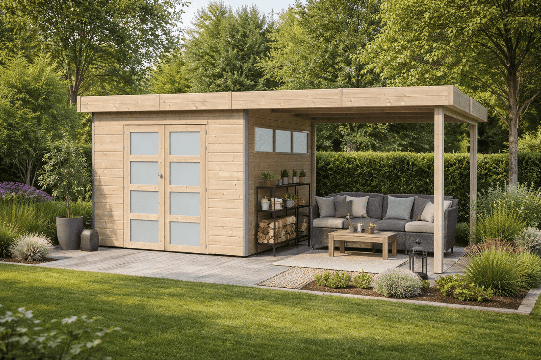 Gartenhaus Sven 1 - 16,48 m² mit Anbau inkl. Trapezblechdach Anthrazit